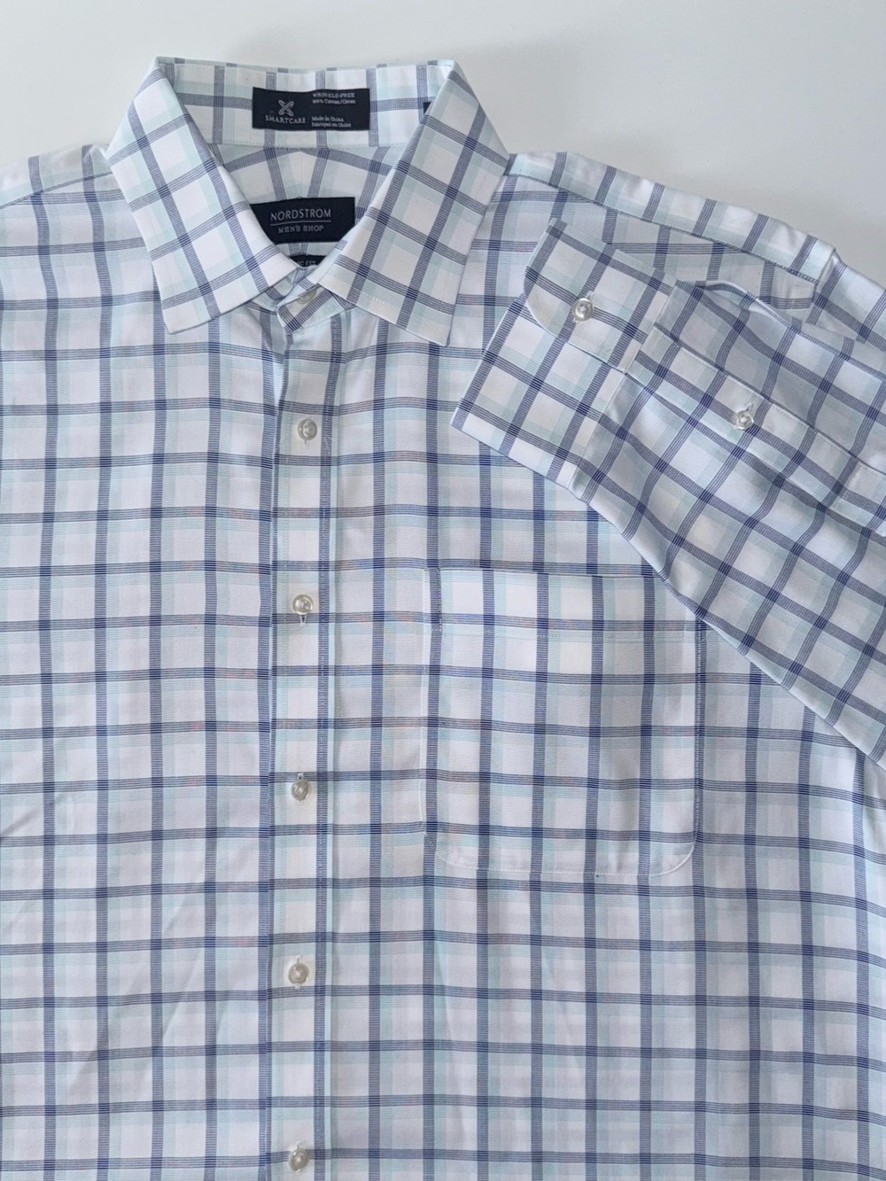 Nordstrom SmartCare Button Down Men's 16-34 White Blue Check Cotton